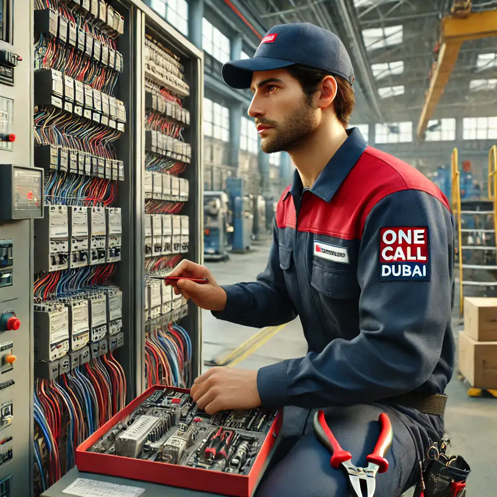 Men who is electrician work on Industrial place - Electrical Services - One Call Dubai​